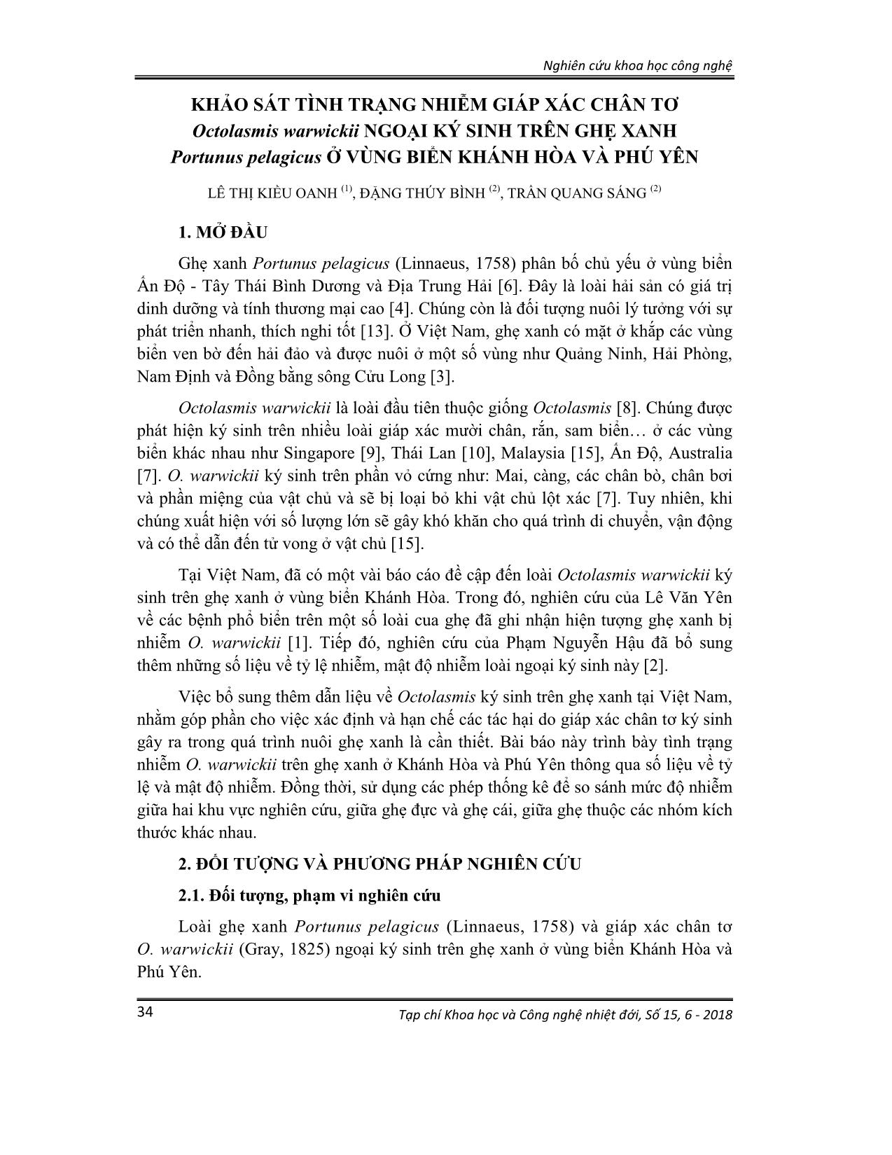 Khảo sát tình trạng nhiễm giáp xác chân tơ Octolasmis warwickii ngoại ký sinh trên ghẹ xanh Portunus pelagicus ở vùng biển Khánh Hòa và Phú Yên trang 1