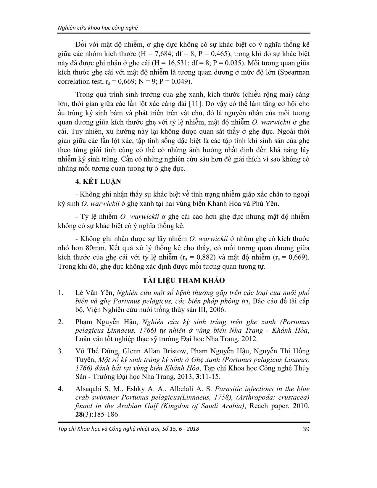 Khảo sát tình trạng nhiễm giáp xác chân tơ Octolasmis warwickii ngoại ký sinh trên ghẹ xanh Portunus pelagicus ở vùng biển Khánh Hòa và Phú Yên trang 6