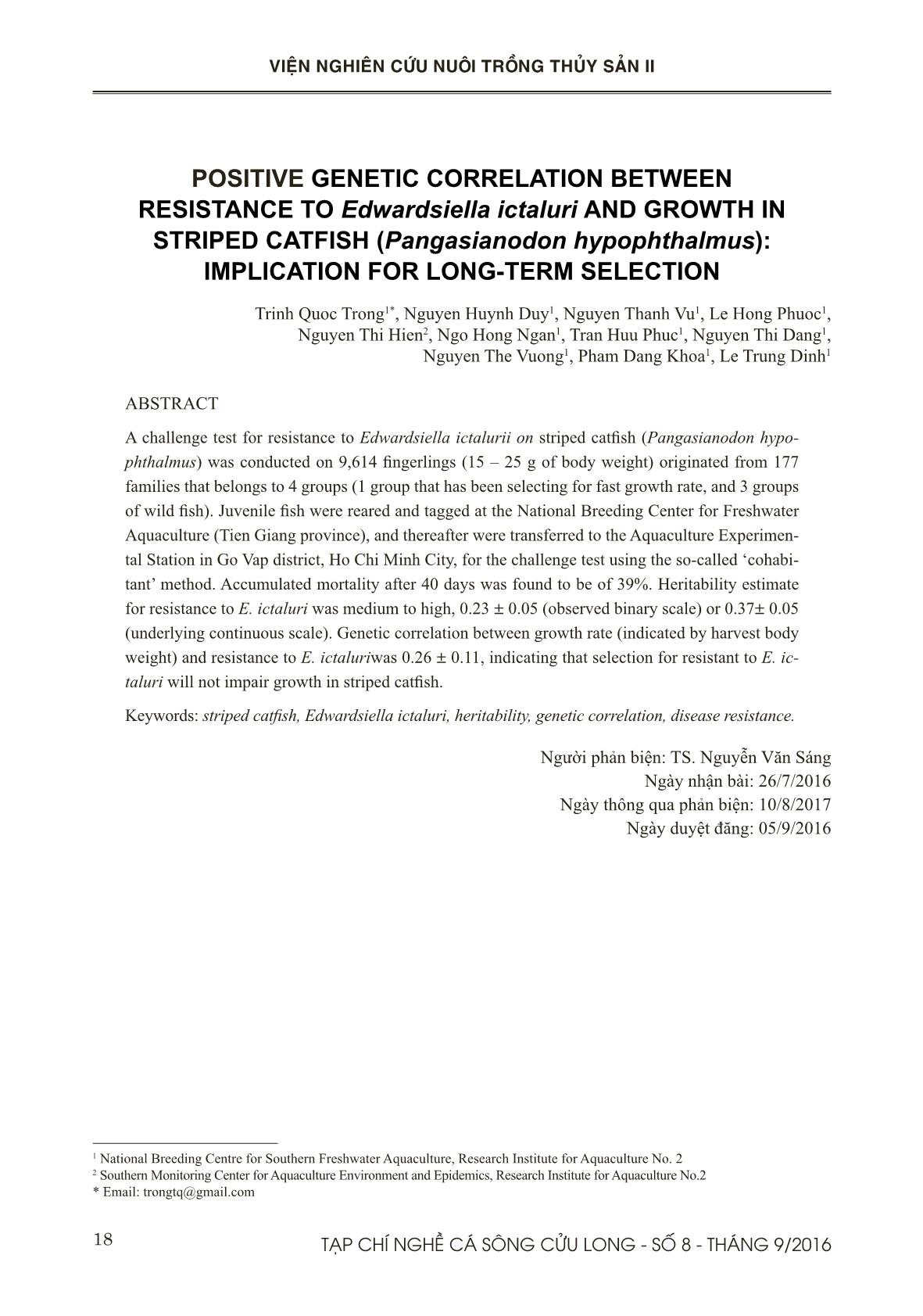 Tương quan di truyền dương giữa tính trạng kháng bệnh gan thận mủ và tăng trưởng trên cá tra (Pangasianodon hypophthalmus): Ý nghĩa cho chọn giống dài hạn trang 9