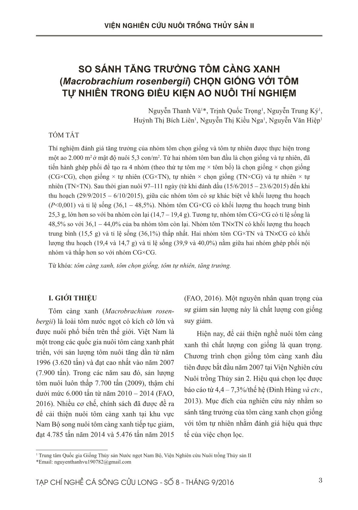 So sánh tăng trưởng tôm càng xanh (Macrobrachium rosenbergii) chọn giống với tôm tự nhiên trong điều kiện ao nuôi thí nghiệm trang 1