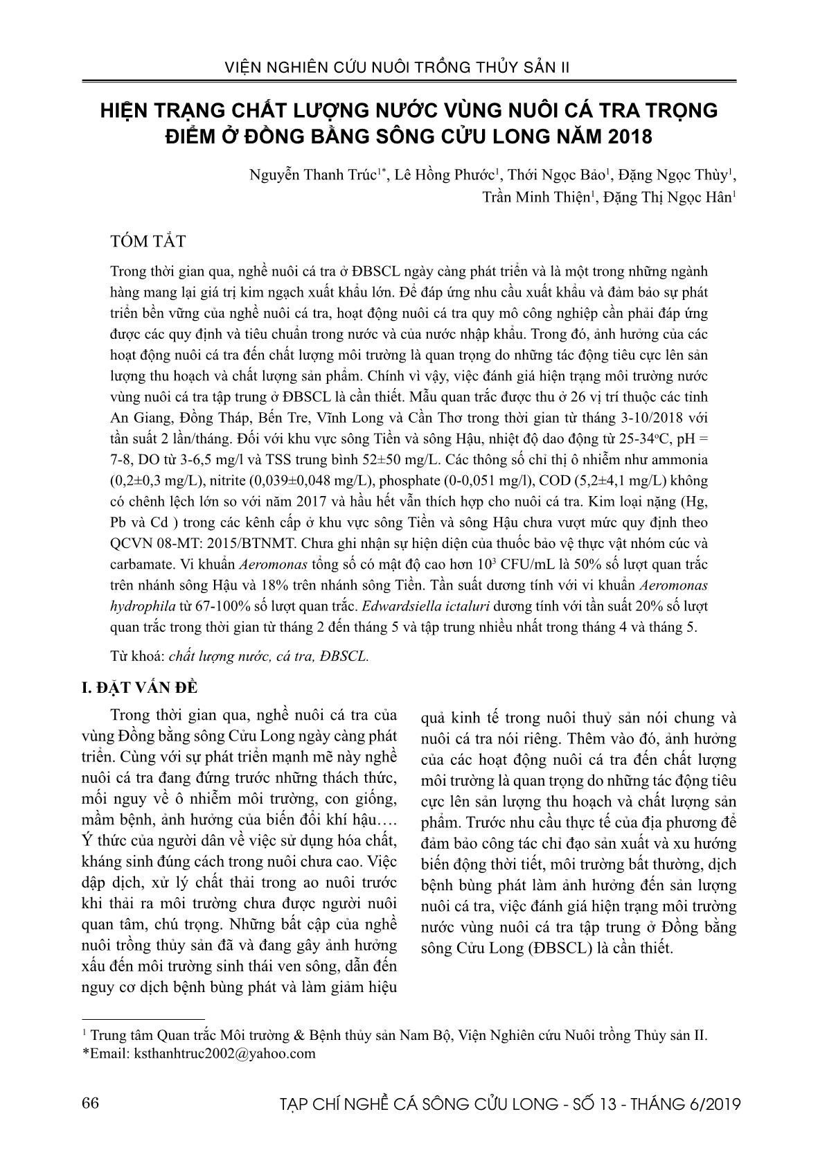 Hiện trạng chất lượng nước vùng nuôi cá tra trọng điểm ở đồng bằng sông Cửu Long năm 2018 trang 1