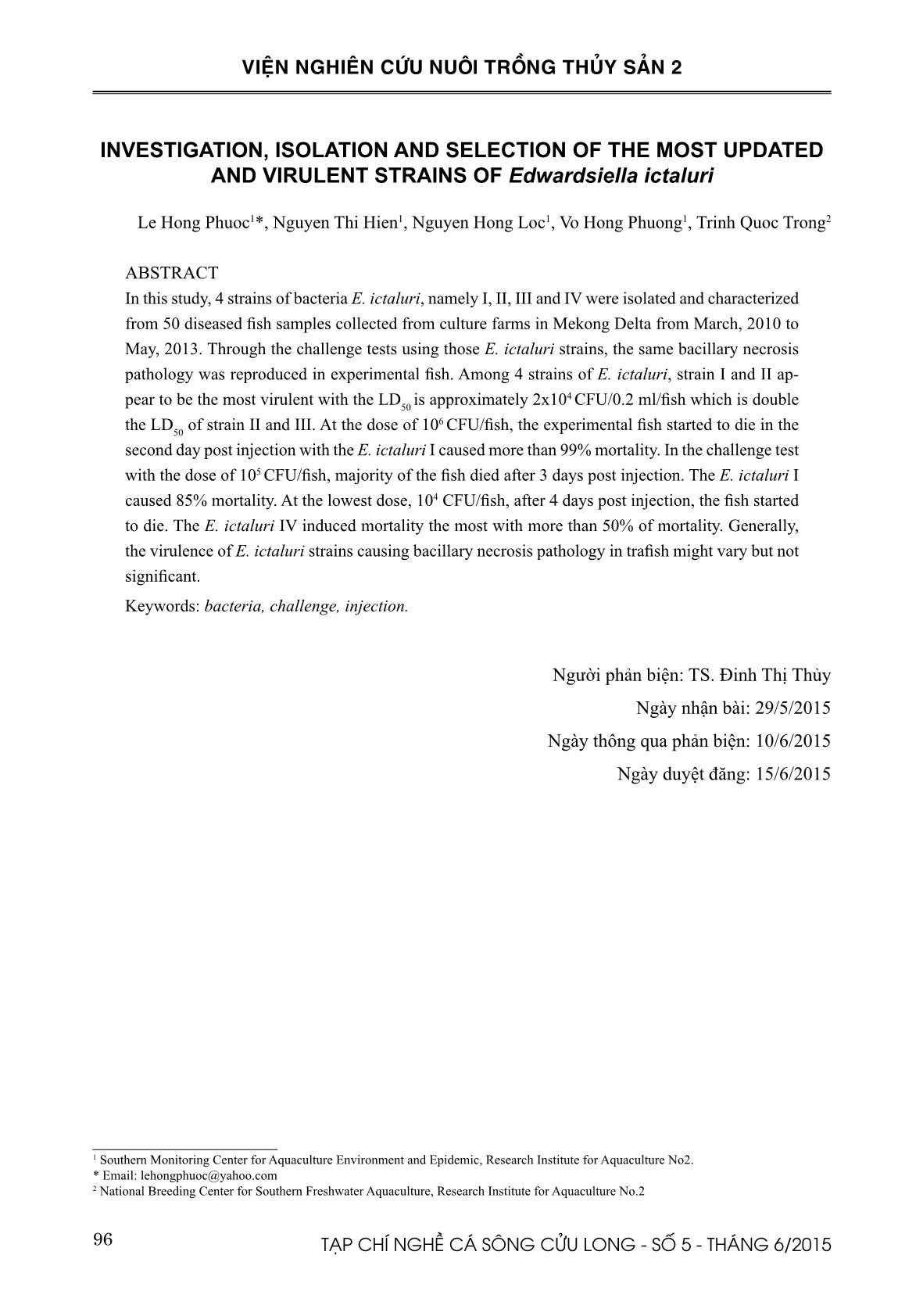 Khảo sát, phân lập và lựa chọn chủng vi khuẩn Edwardsiella ictaluri có độc lực mạnh và mới nhất trang 10