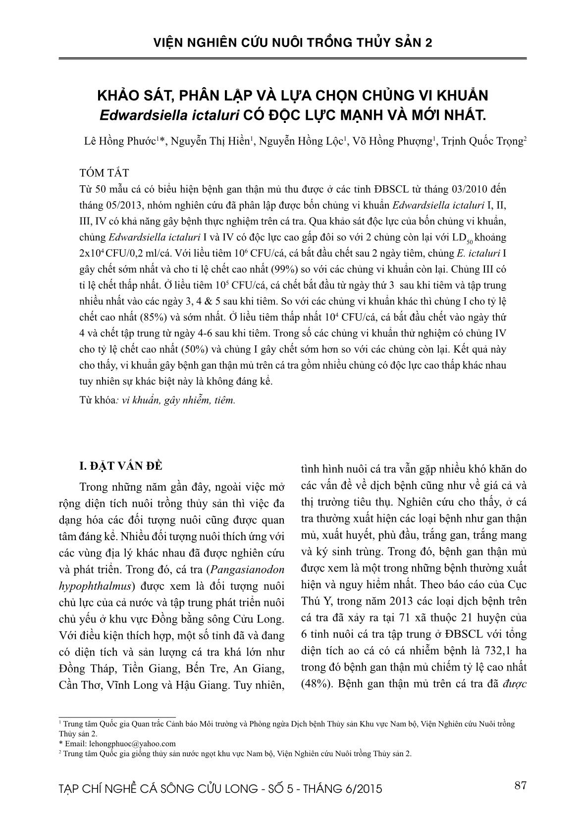 Khảo sát, phân lập và lựa chọn chủng vi khuẩn Edwardsiella ictaluri có độc lực mạnh và mới nhất trang 1