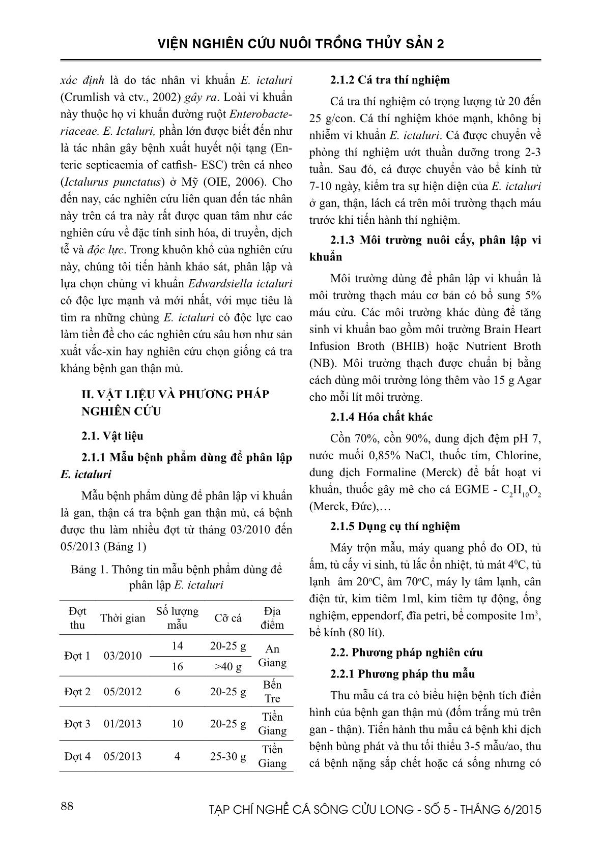 Khảo sát, phân lập và lựa chọn chủng vi khuẩn Edwardsiella ictaluri có độc lực mạnh và mới nhất trang 2