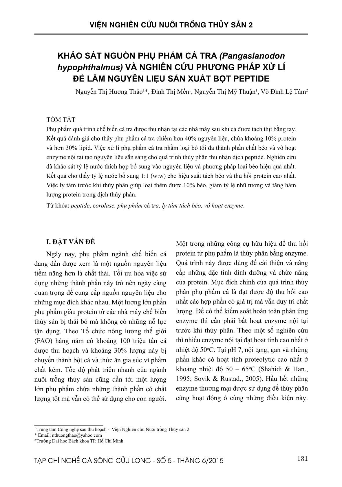 Khảo sát nguồn phụ phẩm cá tra (Pangasianodon hypophthalmus) và nghiên cứu phương pháp xử lí để làm nguyên liệu sản xuất bột peptide trang 1