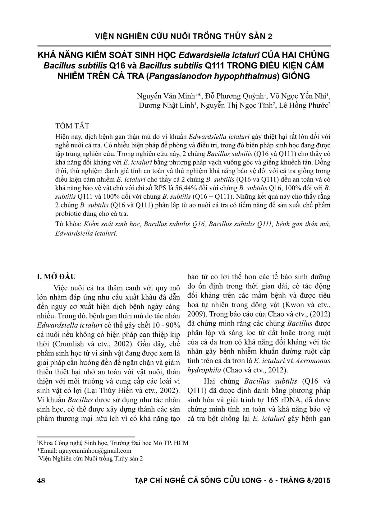 Khả năng kiểm soát sinh học Edwardsiella ictaluri của hai chủng Bacillus subtilis Q16 và Bacillus subtilis Q111 trong điều kiện cảm nhiễm trên cá tra (Pangasianodon hypophthalmus) giống trang 1