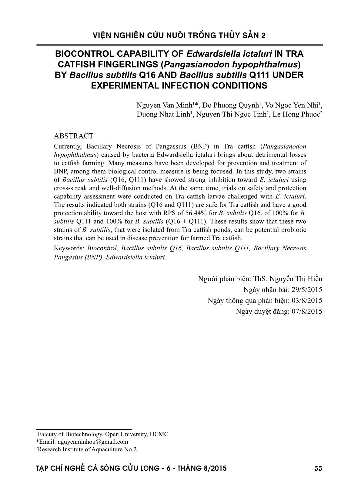 Khả năng kiểm soát sinh học Edwardsiella ictaluri của hai chủng Bacillus subtilis Q16 và Bacillus subtilis Q111 trong điều kiện cảm nhiễm trên cá tra (Pangasianodon hypophthalmus) giống trang 8