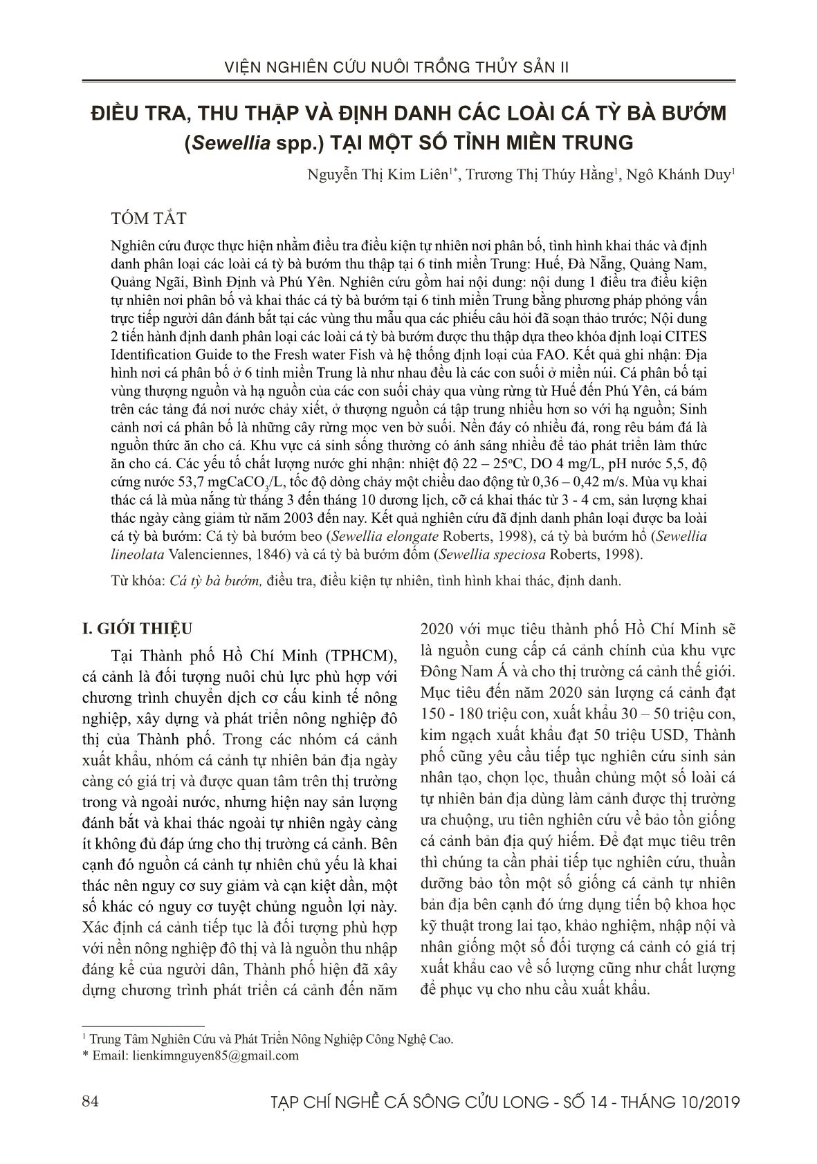 Điều tra, thu thập và định danh các loài cá tỳ bà bướm (Sewellia spp.) tại một số tỉnh miền Trung trang 1