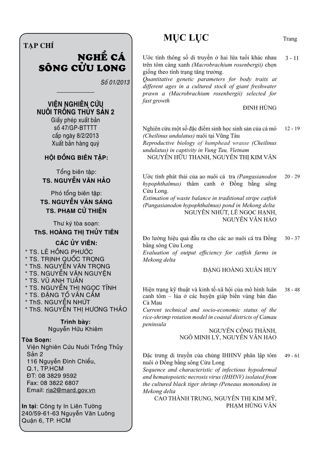 Tạp chí Nghề cá sông Cửu Long - Số 01/2013 trang 1