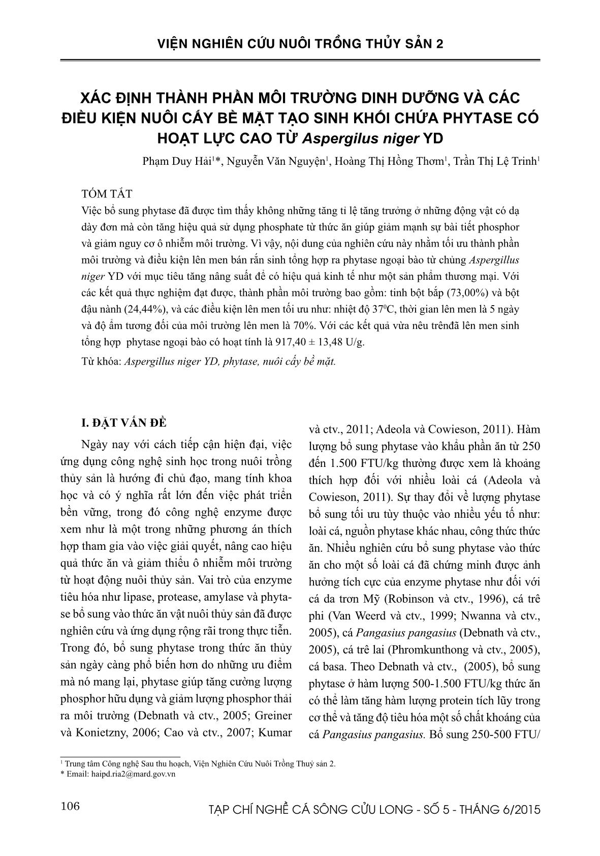 Xác định thành phần môi trường dinh dưỡng và các điều kiện nuôi cấy bề mặt tạo sinh khối chứa phytase có hoạt lực cao từ Aspergilus niger YD trang 1