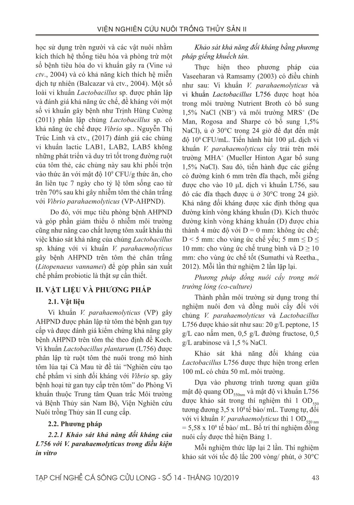 Đặc tính đối kháng của chủng Lactobacillus L756 với vi khuẩn Vibrio parahaemolyticus gây bệnh hoại tử gan tụy cấp trên tôm thẻ chân trắng (Litopenaeus vannamei) trang 2
