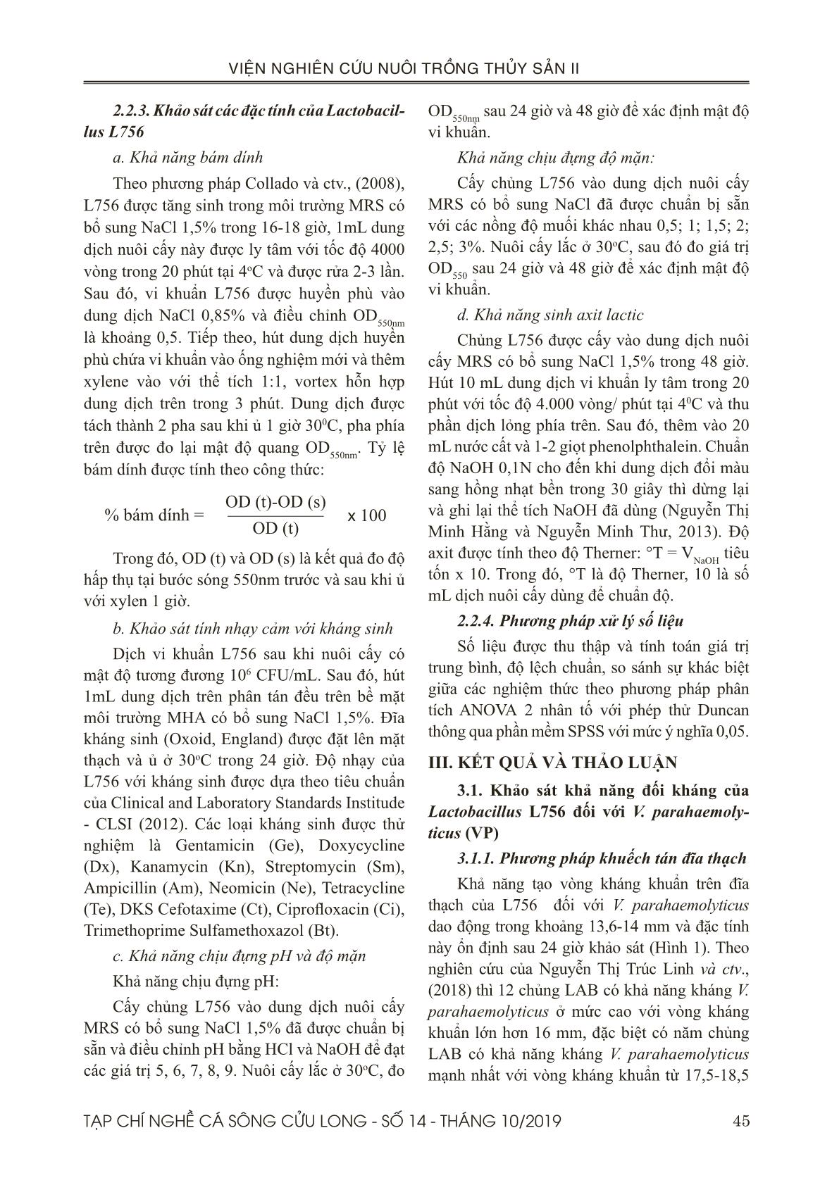 Đặc tính đối kháng của chủng Lactobacillus L756 với vi khuẩn Vibrio parahaemolyticus gây bệnh hoại tử gan tụy cấp trên tôm thẻ chân trắng (Litopenaeus vannamei) trang 4