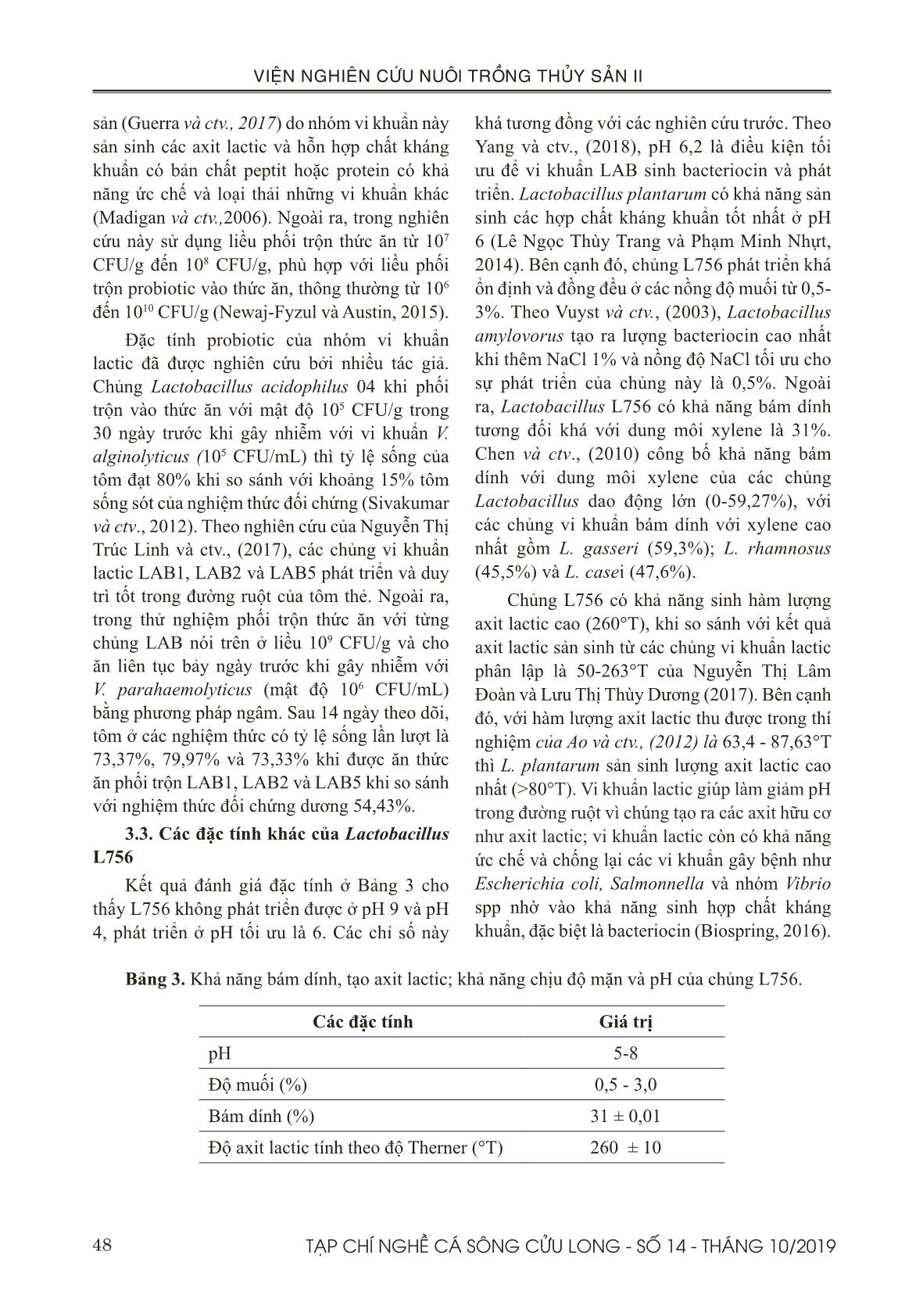 Đặc tính đối kháng của chủng Lactobacillus L756 với vi khuẩn Vibrio parahaemolyticus gây bệnh hoại tử gan tụy cấp trên tôm thẻ chân trắng (Litopenaeus vannamei) trang 7