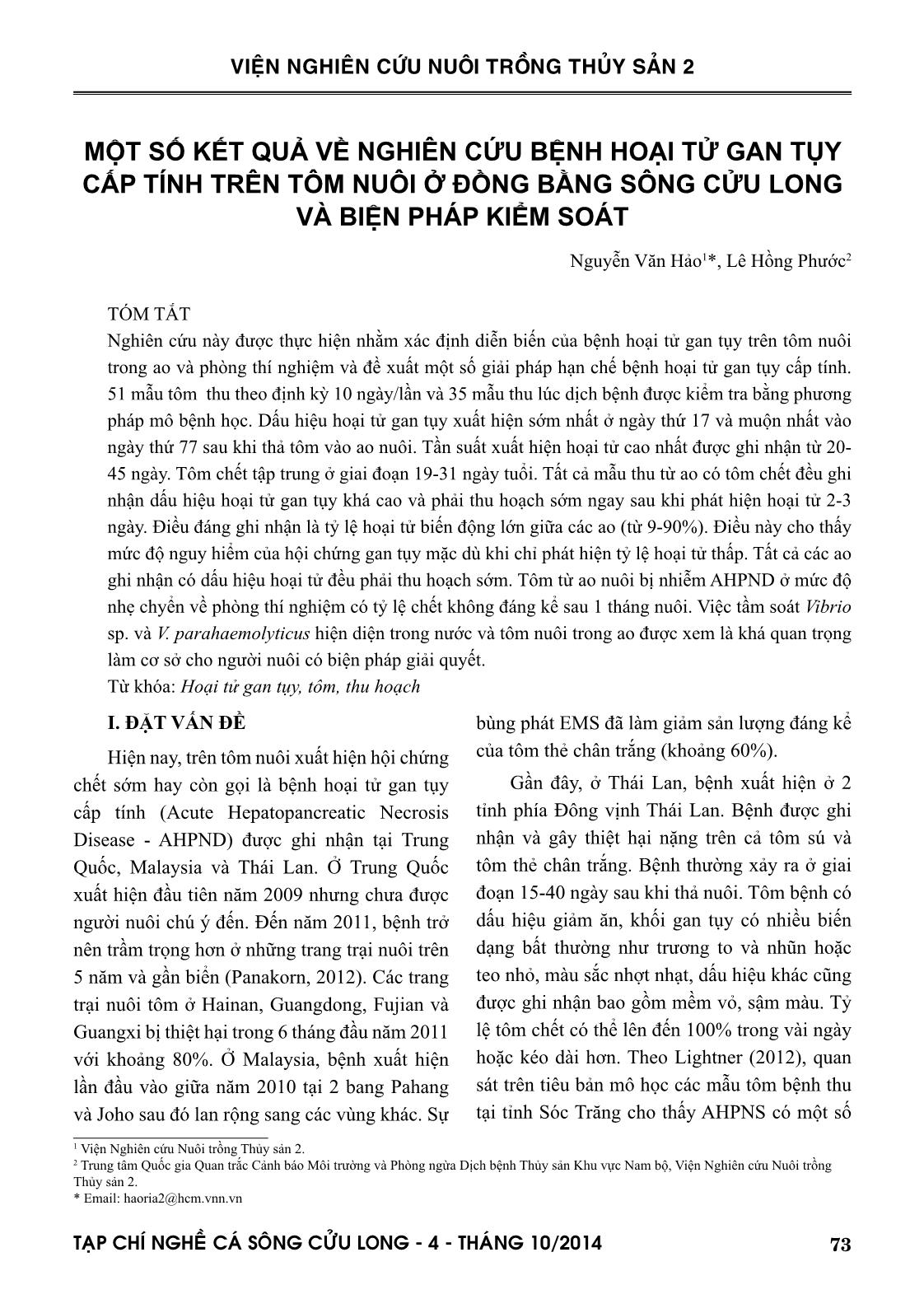 Một số kết quả về nghiên cứu bệnh hoại tử gan tụy cấp tính trên tôm nuôi ở đồng bằng sông Cửu Long và biện pháp kiểm soát trang 1