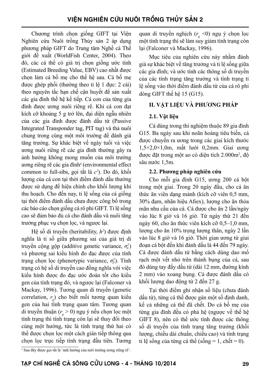 Các thông số di truyền tính trạng tăng trưởng và tỉ lệ sống ở kích cỡ đánh dấu của cá rô phi vằn (Oreochromis niloticus) dòng GIFT thế hệ 15 trang 2