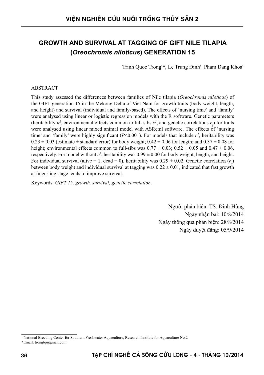Các thông số di truyền tính trạng tăng trưởng và tỉ lệ sống ở kích cỡ đánh dấu của cá rô phi vằn (Oreochromis niloticus) dòng GIFT thế hệ 15 trang 9