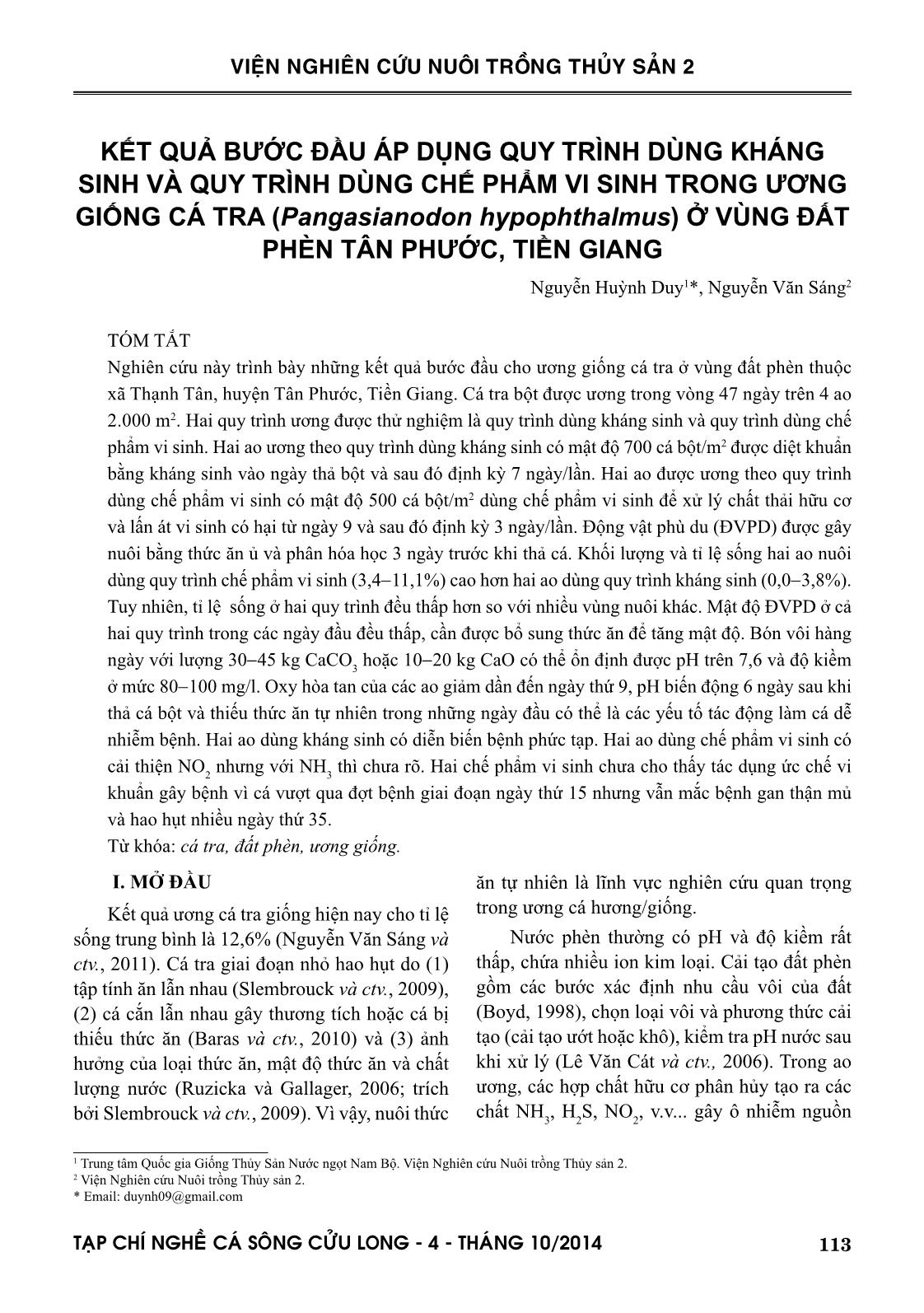 Kết quả bước đầu áp dụng quy trình dùng kháng sinh và quy trình dùng chế phẩm vi sinh trong ương giống cá tra (Pangasianodon hypophthalmus) ở vùng đất phèn Tân Phước, Tiền Giang trang 1