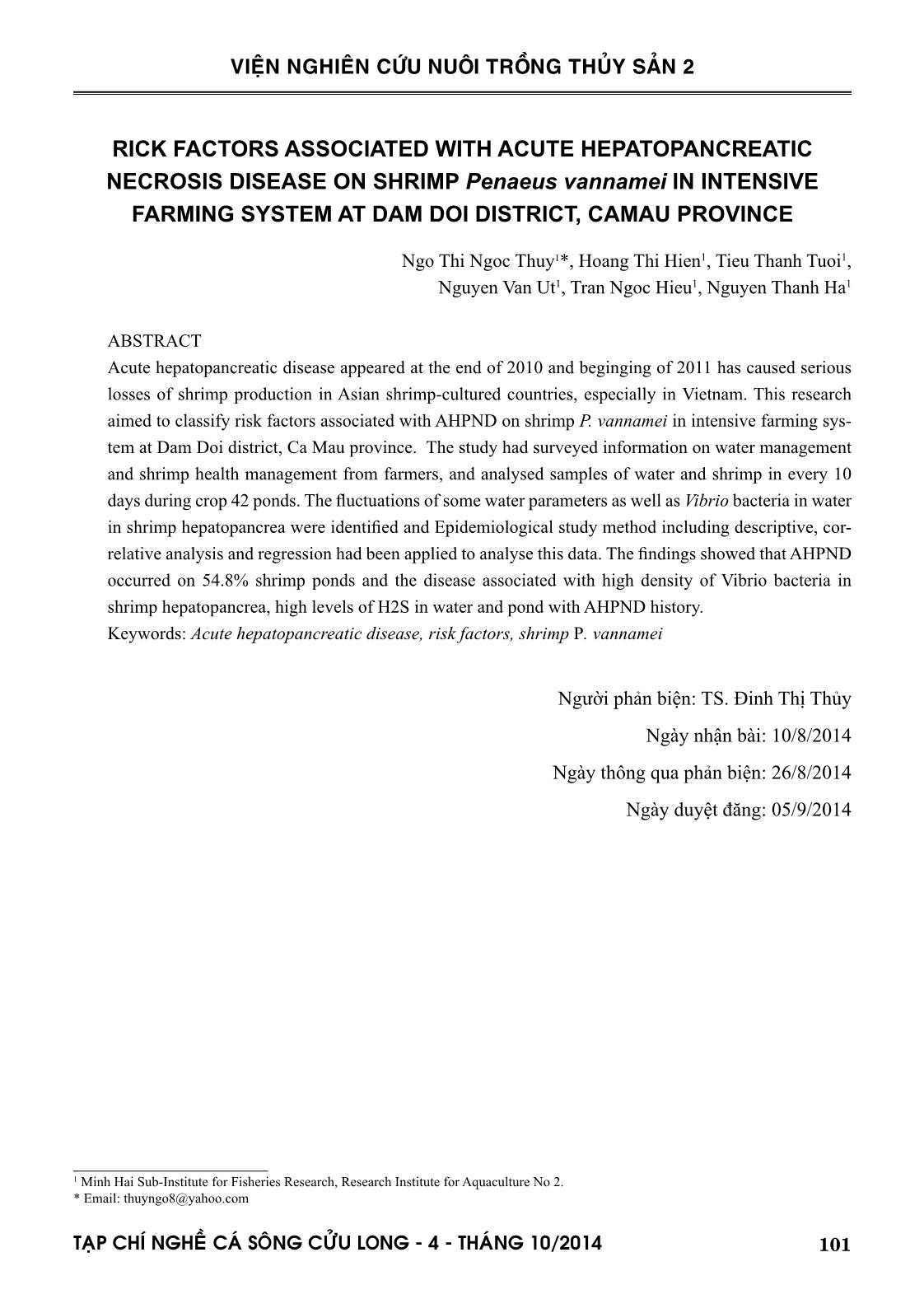 Một số yếu tố nguy cơ liên quan đến bệnh hoại tử gan tụy cấp trên tôm thẻ (Penaeus vannamei) nuôi công nghiệp quy mô nông hộ tại huyện Đầm Dơi, Cà Mau trang 10