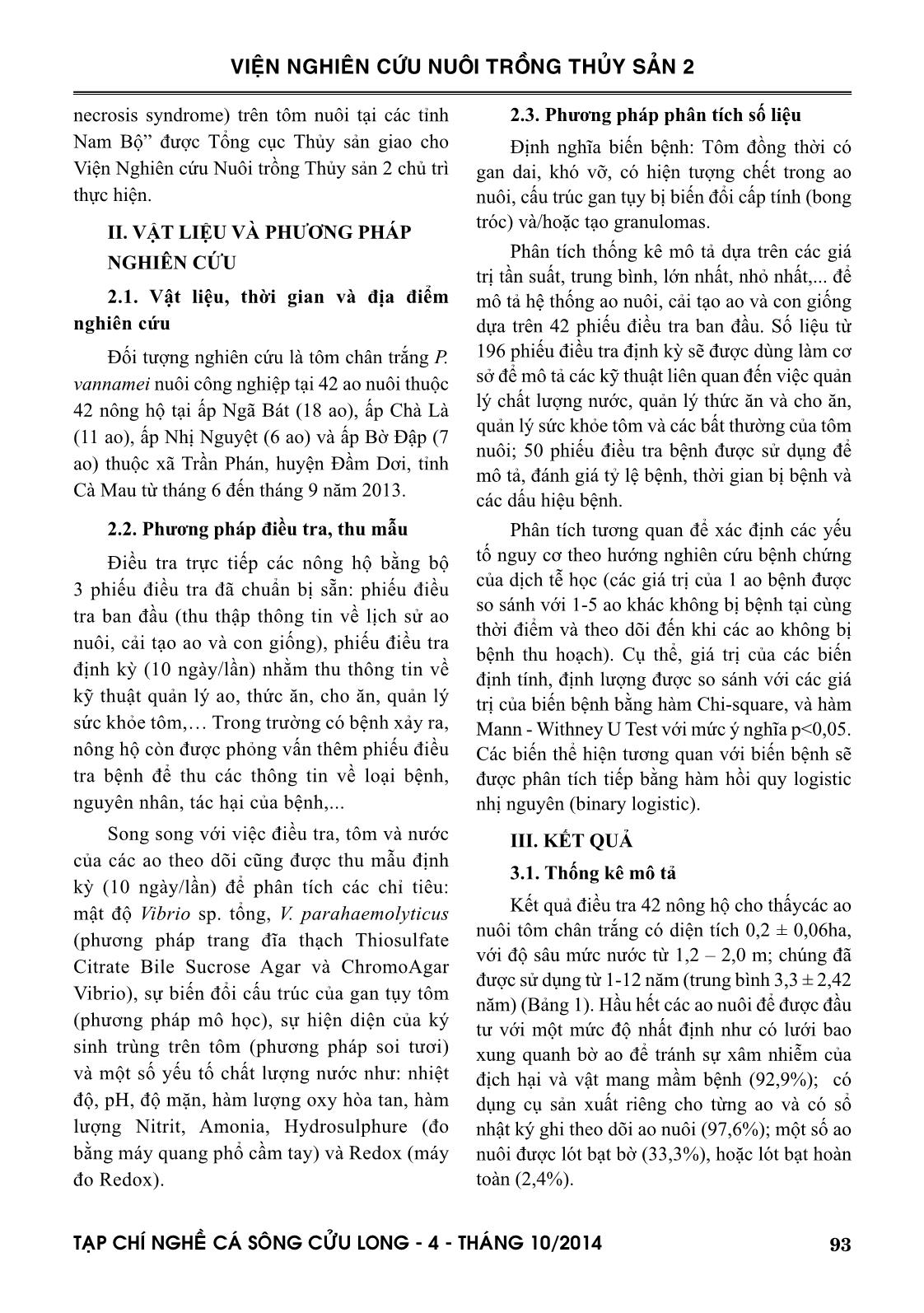 Một số yếu tố nguy cơ liên quan đến bệnh hoại tử gan tụy cấp trên tôm thẻ (Penaeus vannamei) nuôi công nghiệp quy mô nông hộ tại huyện Đầm Dơi, Cà Mau trang 2