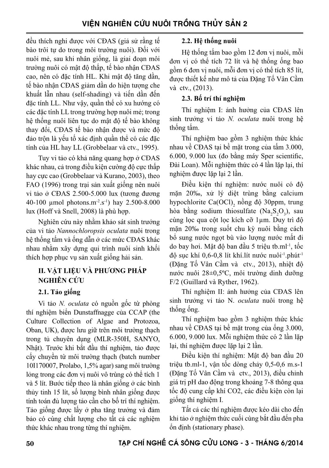 Ảnh hưởng của cường độ ánh sáng lên sinh trưởng vi tảo Nannochloropsis oculata nuôi trong hệ thống tấm và ống dẫn trang 2
