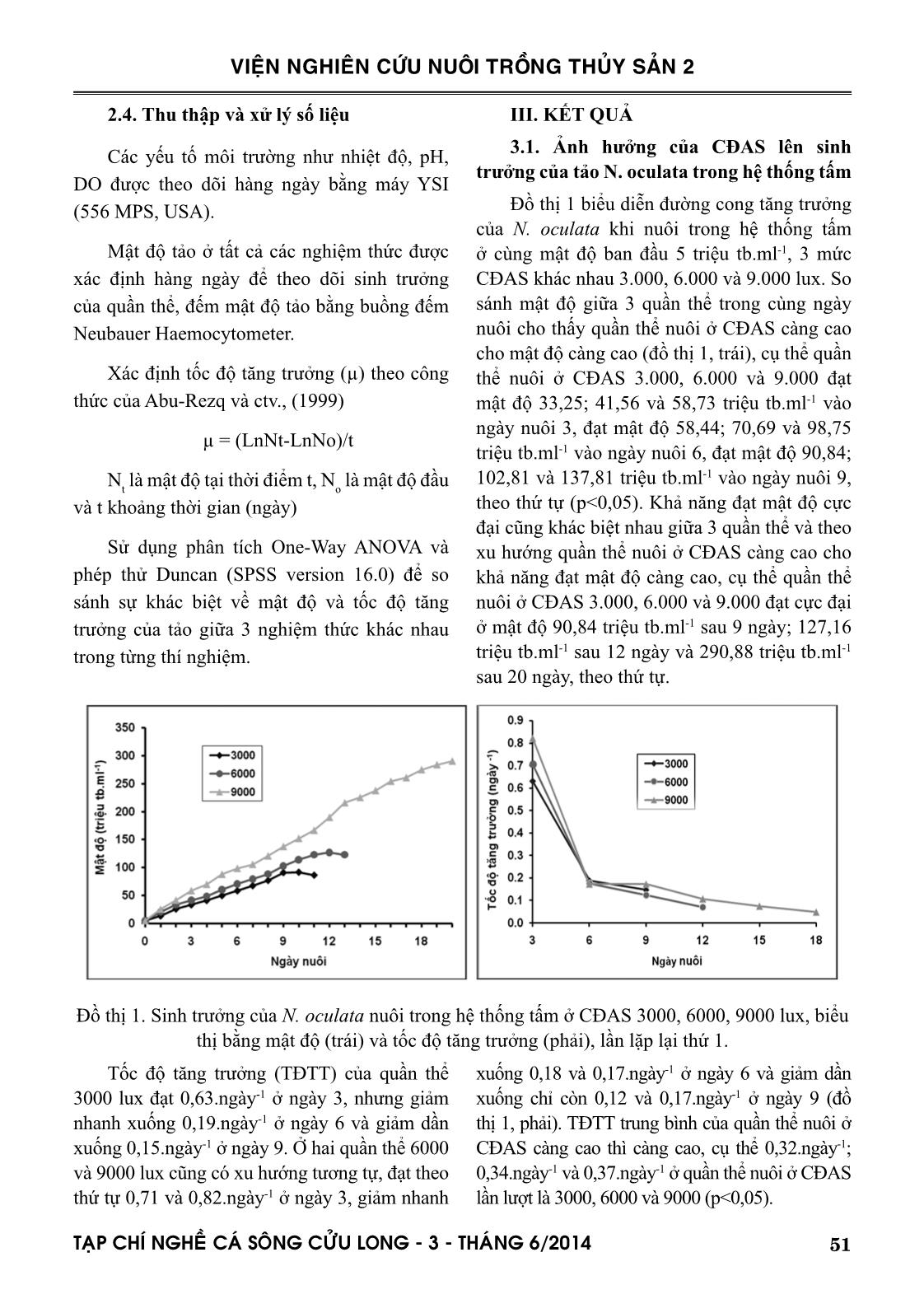 Ảnh hưởng của cường độ ánh sáng lên sinh trưởng vi tảo Nannochloropsis oculata nuôi trong hệ thống tấm và ống dẫn trang 3
