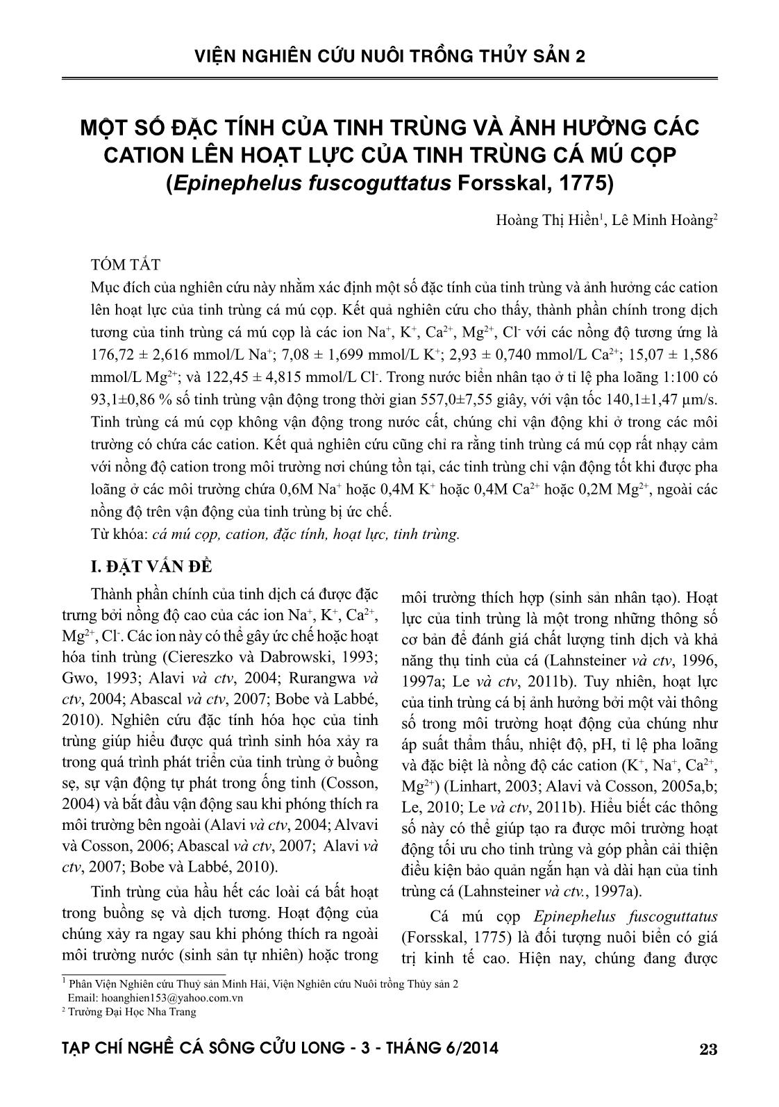 Một số đặc tính của tinh trùng và ảnh hưởng các cation lên hoạt lực của tinh trùng cá mú cọp (Epinephelus fuscoguttatus Forsskal, 1775) trang 1