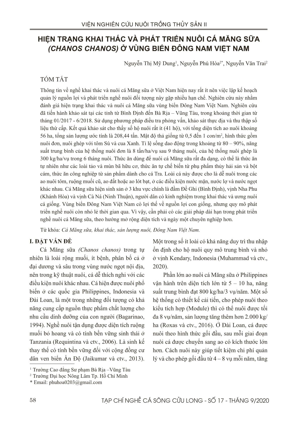 Hiện trạng khai thác và phát triển nuôi cá măng sữa (Chanos chanos) ở vùng biển Đông Nam Việt Nam trang 1
