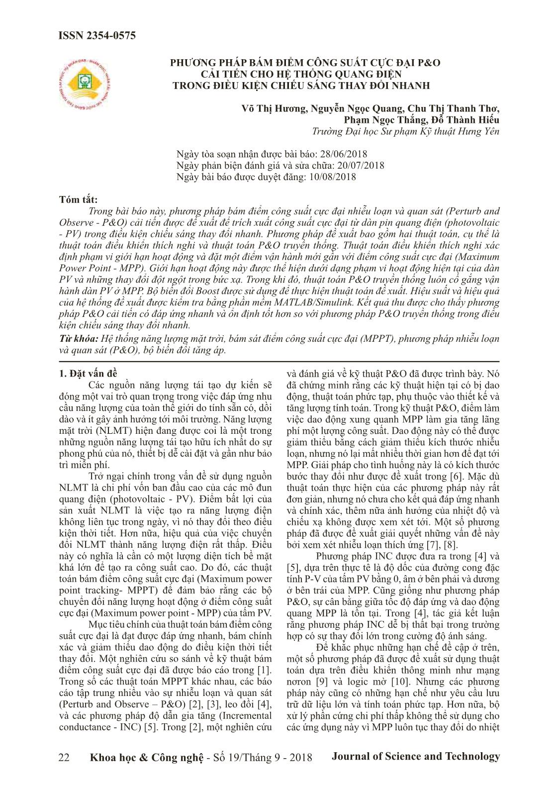 Phương pháp bám điểm công suất cực đại PO cải tiến cho hệ thống quang điện trong điều kiện chiếu sáng thay đổi nhanh trang 1