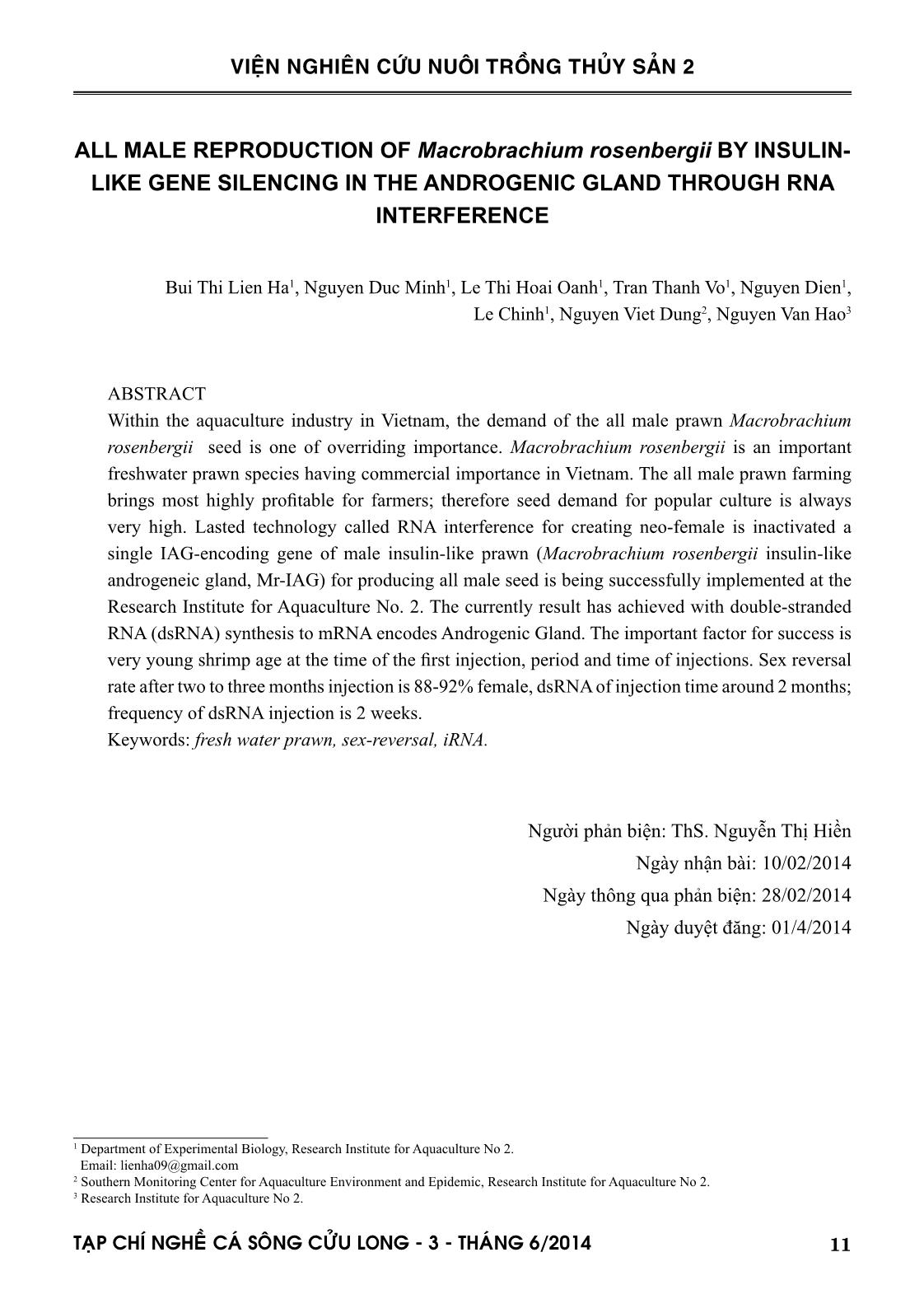 Tạo tôm càng xanh toàn đực Macrobrachium rosenbergii nhờ bất hoạt gen Insulin-Like tuyến đực qua công nghệ can thiệp RNA trang 9