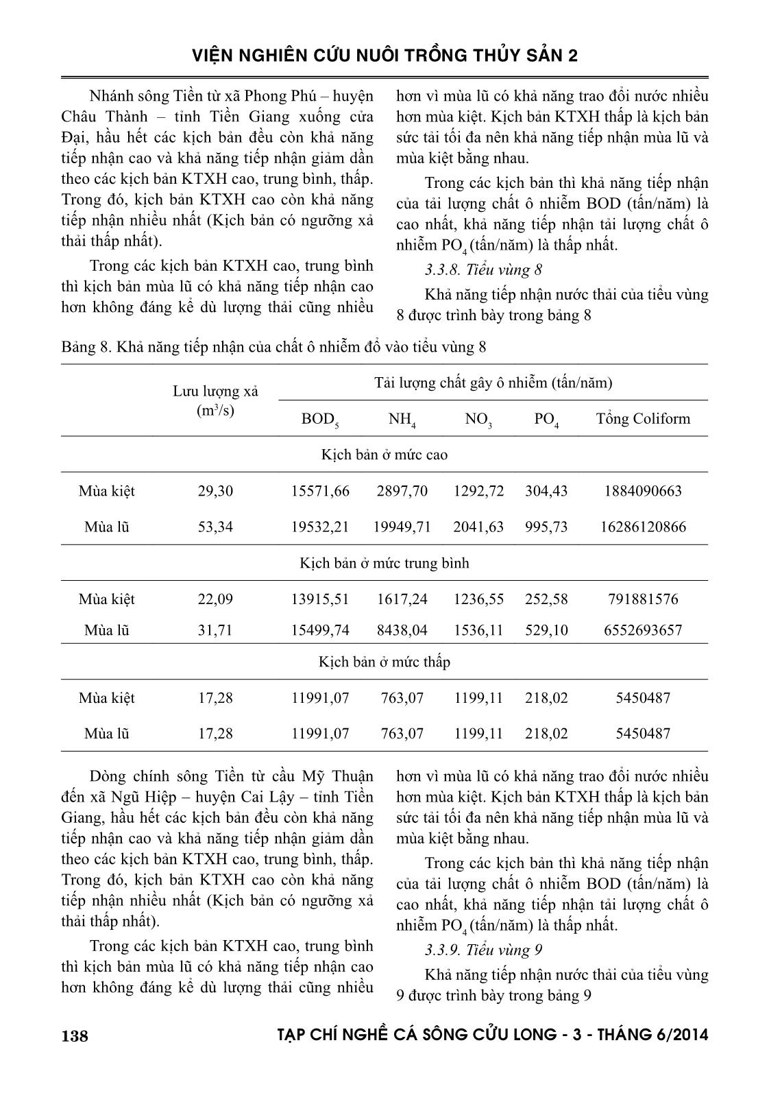 Sức tải tối đa của sông Tiền và sông Hậu theo các kịch bản phát triển kinh tế xã hội phục vụ nuôi cá tra trang 9