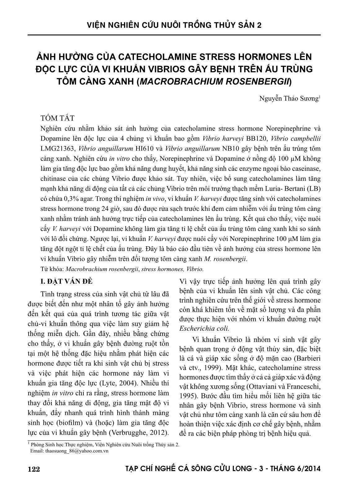 Ảnh hưởng của Catecholamine stress hormones lên độc lực của vi khuẩn vibrios gây bệnh trên ấu trùng tôm càng xanh (Macrobrachium rosenbergii) trang 1