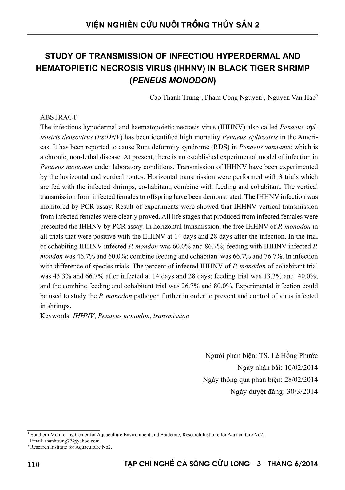 Study of transmission of infectiou hyperdermal and hematopietic necrosis virus (IHHNV) in black tiger shrimp (Peneus monodon) trang 1