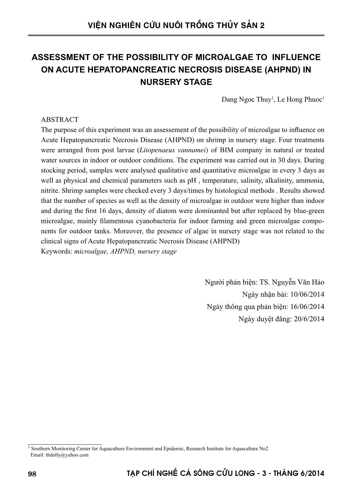 Đánh giá khả năng ảnh hưởng của tảo đối với bệnh hoại tử gan tụy cấp tính (AHPND) ở giai đoạn ương trang 10