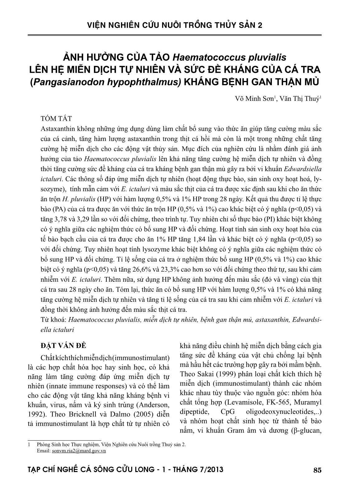 Ảnh hưởng của tảo Haematococcus pluvialis lên hệ miễn dịch tự nhiên và sức đề kháng của cá tra (Pangasianodon hypophthalmus) kháng bệnh gan thận mủ trang 1