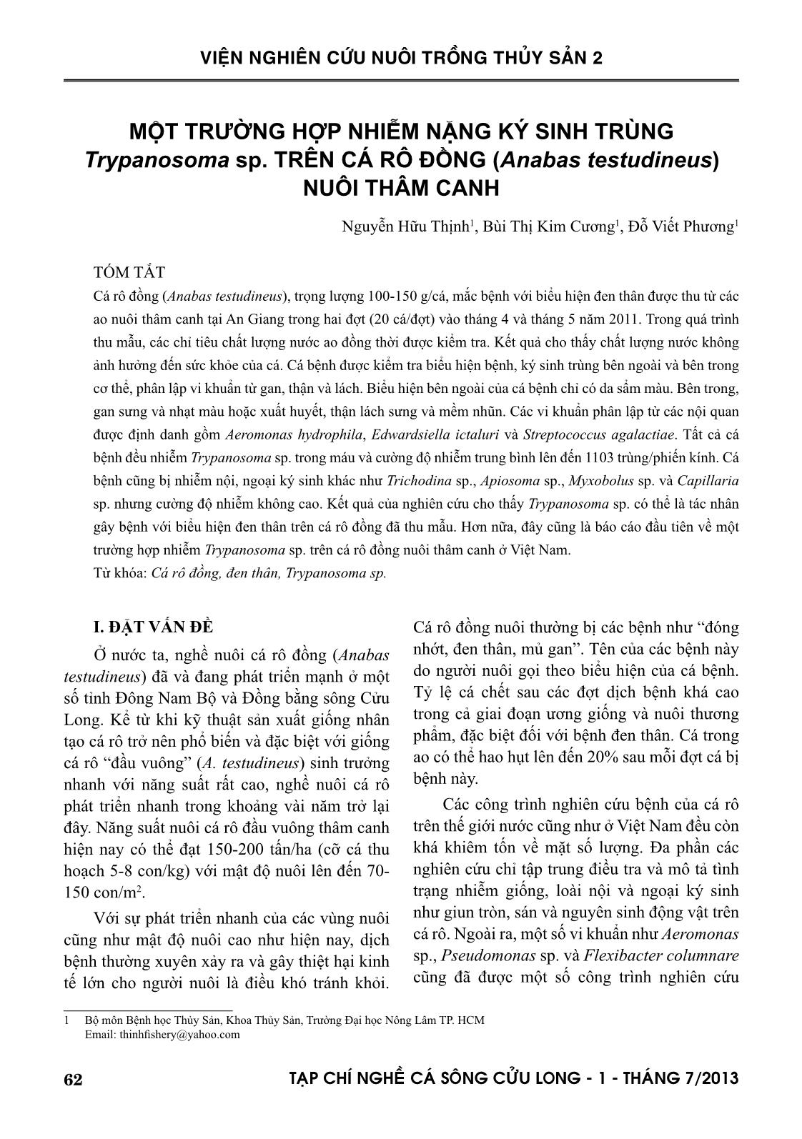 Một trường hợp nhiễm nặng ký sinh trùng Trypanosoma sp. trên cá rô đồng (Anabas testudineus) nuôi thâm canh trang 1