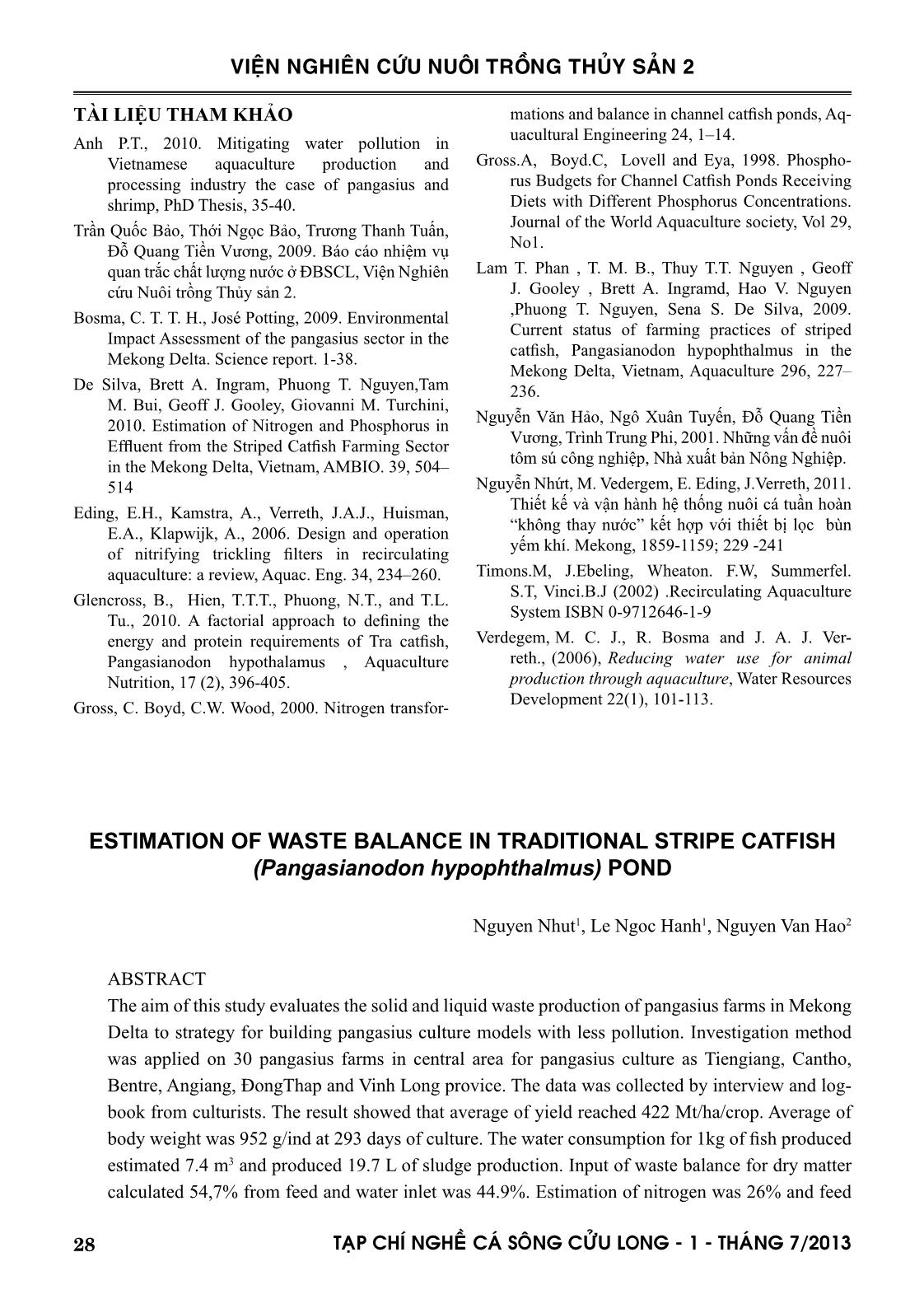 Ước tính phát thải của ao nuôi cá tra (Pangasianodon hypophthalmus) thâm canh ở đồng bằng sông Cửu Long trang 9