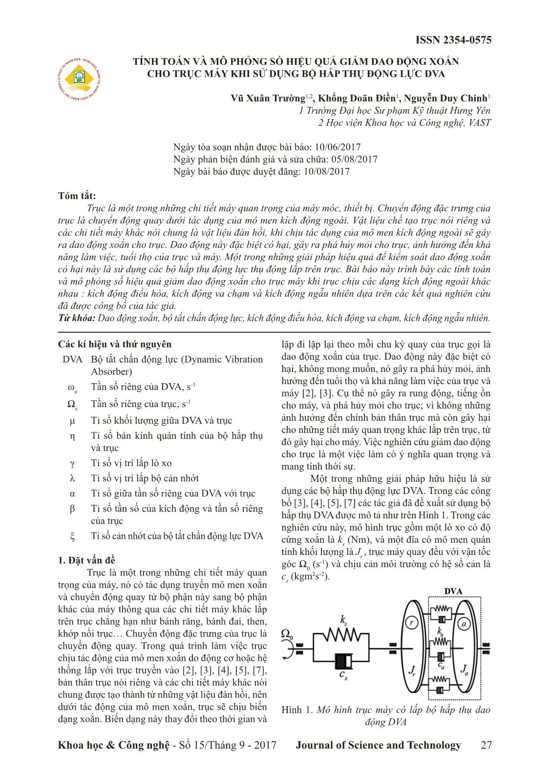 Tính toán và mô phỏng số hiệu quả giảm dao động xoắn cho trục máy khi sử dụng bộ hấp thụ động lực DVA trang 1
