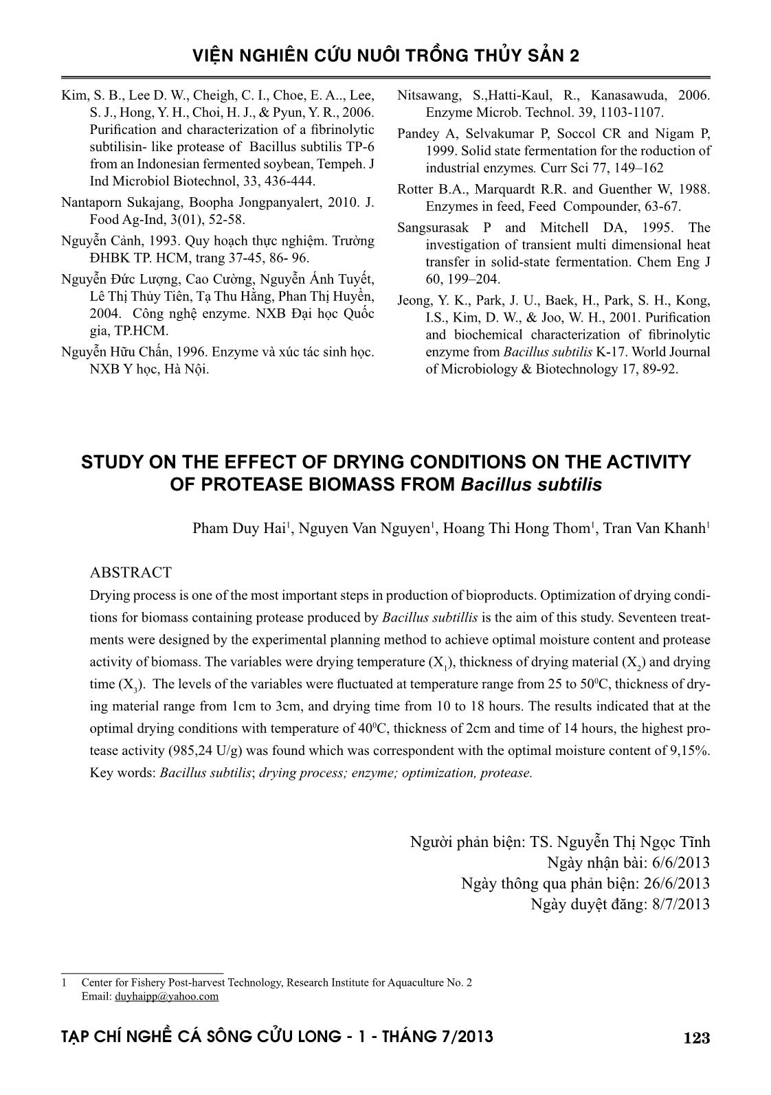 Nghiên cứu ảnh hưởng của chế độ sấy đến hoạt tính enzyme của sinh khối protease từ chủng Bacillus subtilis trang 7