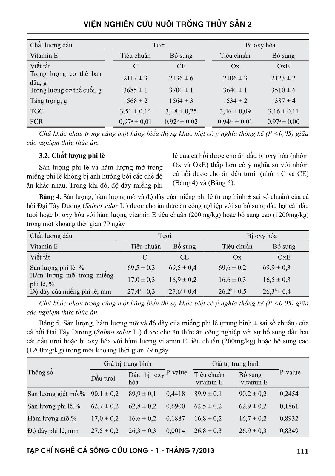 Ảnh hưởng của sự oxy hóa và liều lượng vitamin E trong thức ăn lên sự tăng trưởng và chất lượng phi lê ở cá hồi Đại Tây Dương trang 5
