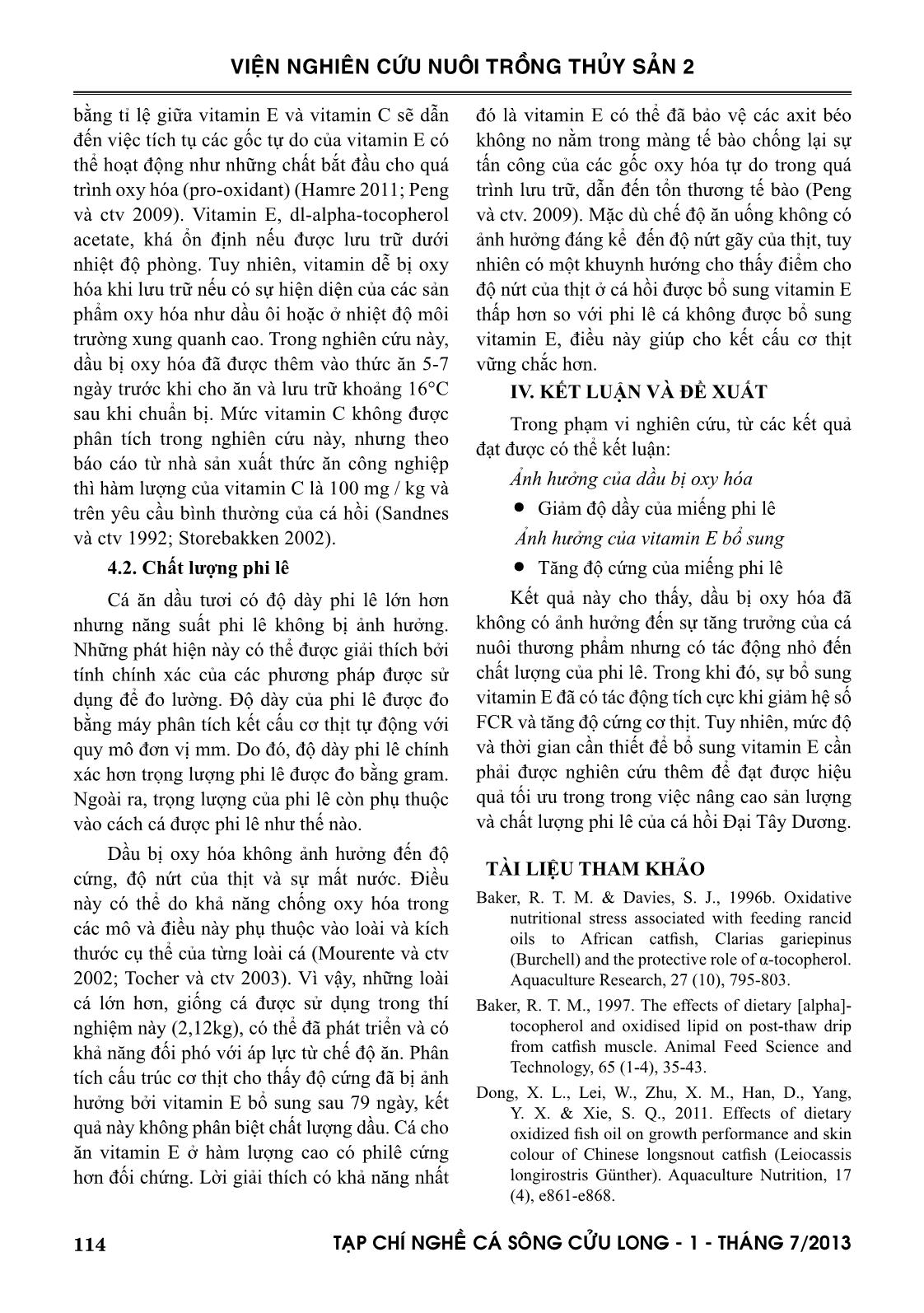 Ảnh hưởng của sự oxy hóa và liều lượng vitamin E trong thức ăn lên sự tăng trưởng và chất lượng phi lê ở cá hồi Đại Tây Dương trang 8