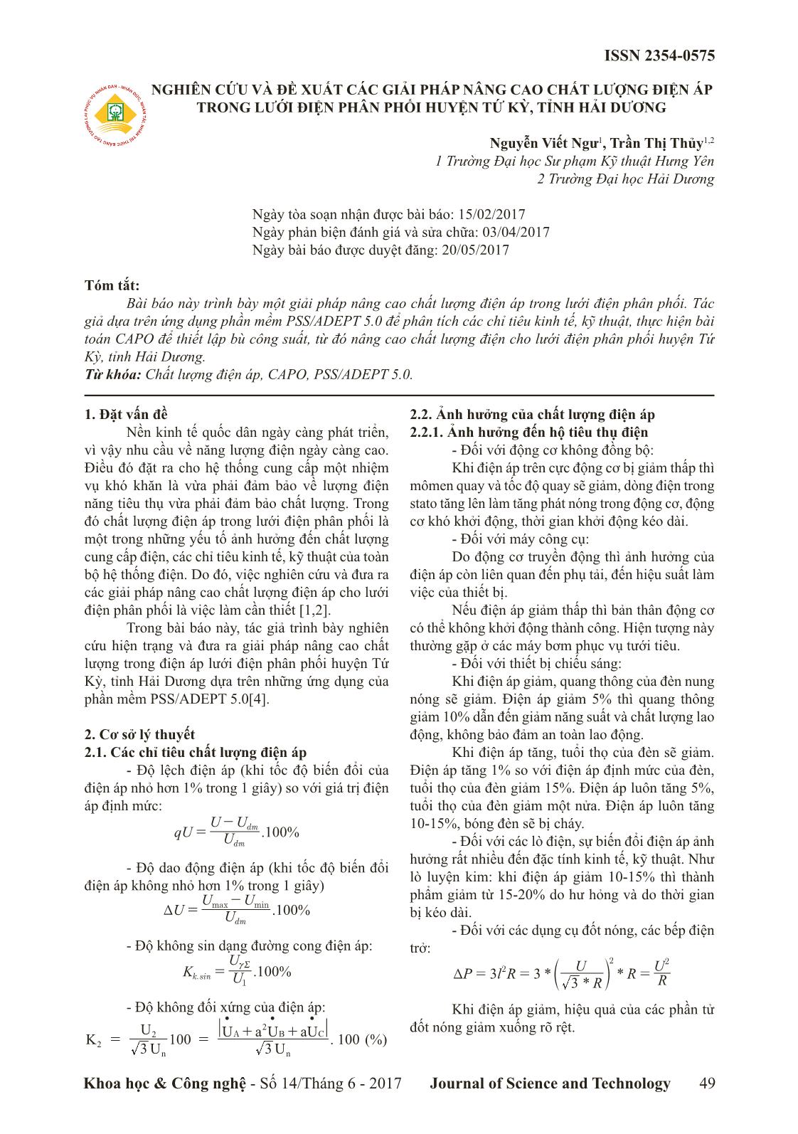 Nghiên cứu và đề xuất các giải pháp nâng cao chất lượng điện áp trong lưới điện phân phối huyện Tứ Kỳ, tỉnh Hải Dương trang 1