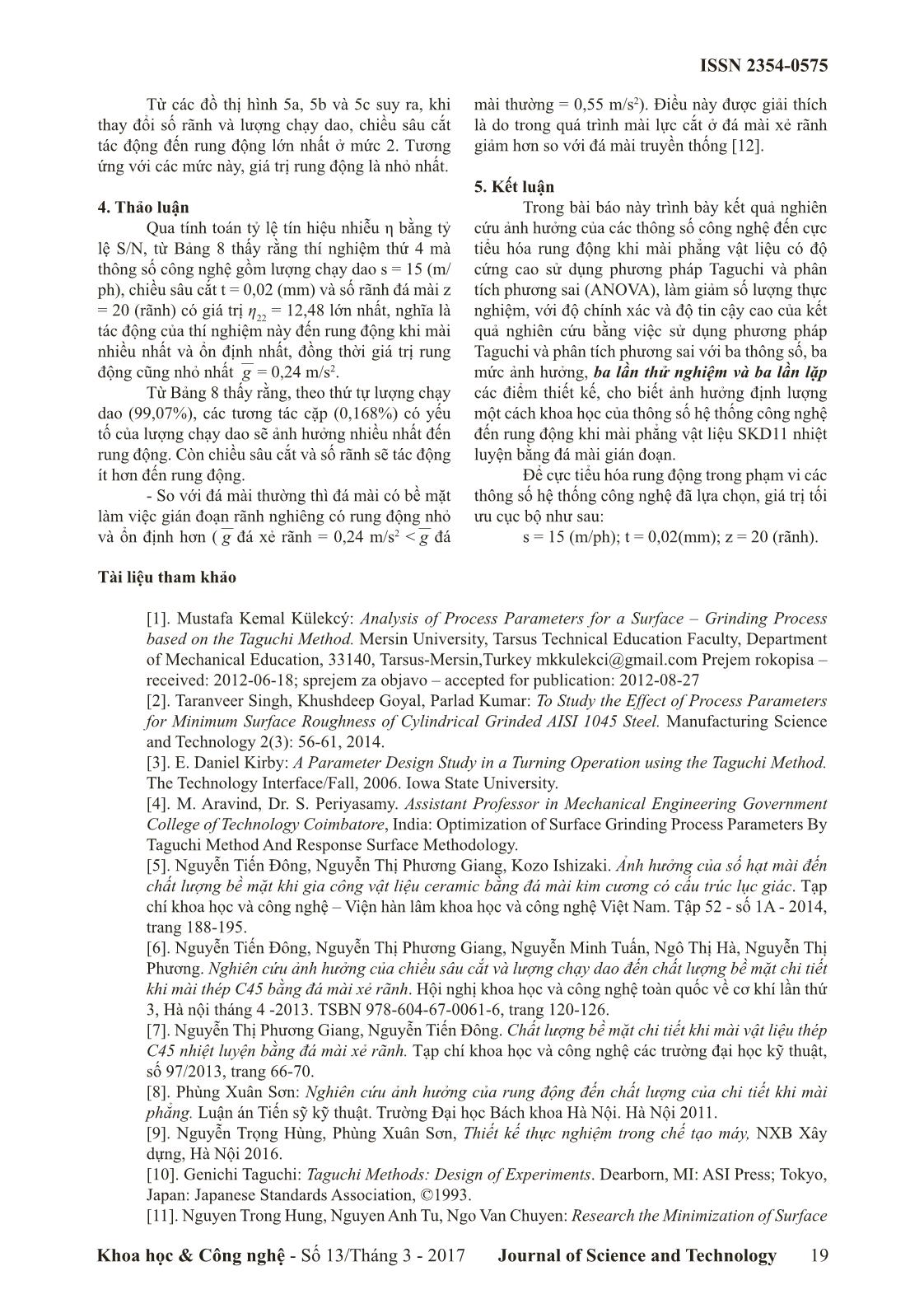 Nghiên cứu ảnh hưởng của các thông số công nghệ đến rung động khi mài phẳng vật liệu có độ cứng cao bằng đá mài xẻ rãnh nghiêng sử dụng phương pháp Taguchi và Anova trang 6