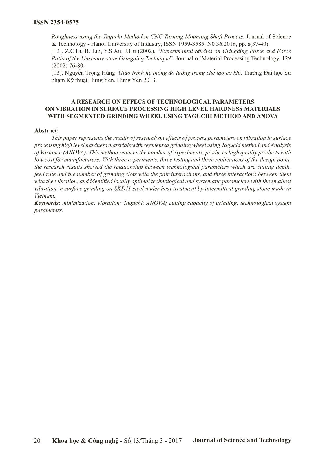 Nghiên cứu ảnh hưởng của các thông số công nghệ đến rung động khi mài phẳng vật liệu có độ cứng cao bằng đá mài xẻ rãnh nghiêng sử dụng phương pháp Taguchi và Anova trang 7