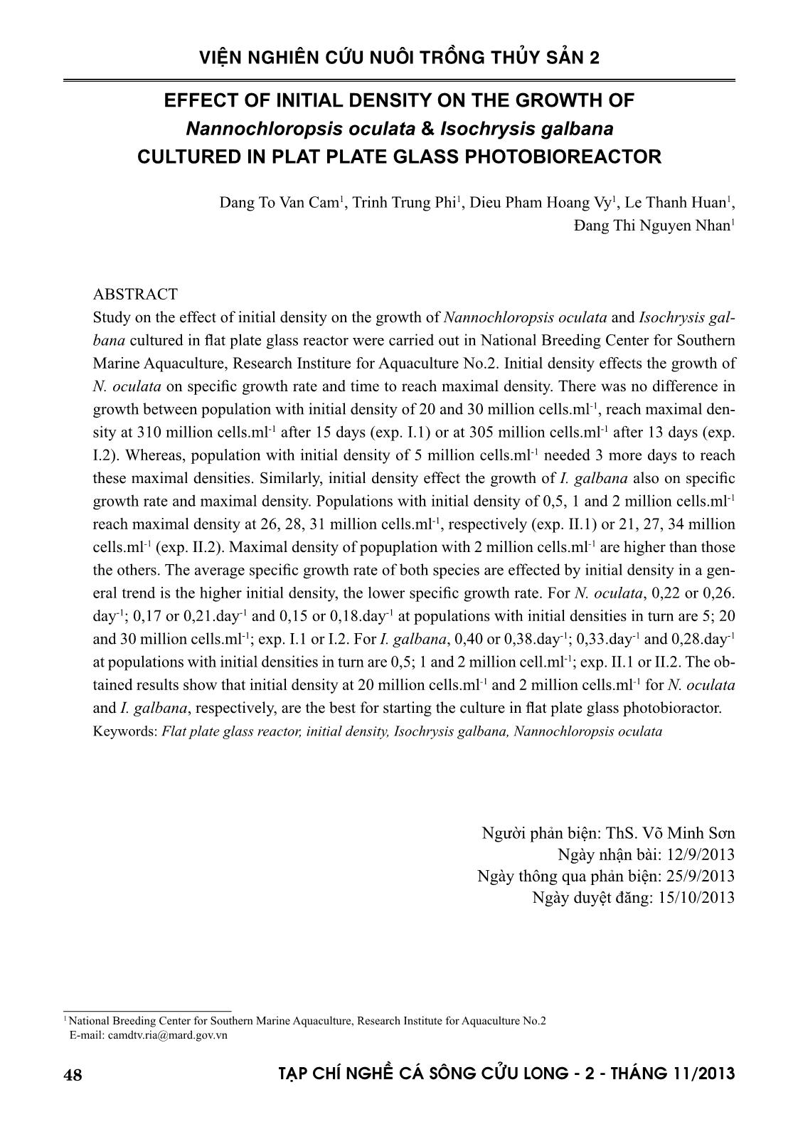 Effect of initial density on the growth of Nannochloropsis oculata & Isochrysis galbana cultured in plat plate glass photobioreactor trang 1