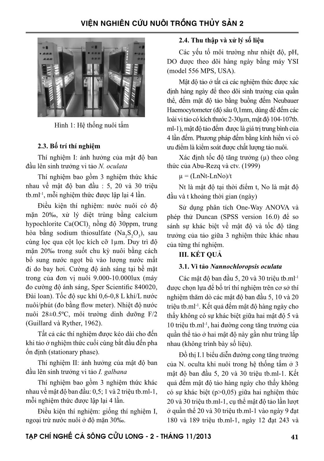 Ảnh hưởng của mật độ ban đầu lên sinh trưởng vi tảo Nannochloropsis oculata & Isochrysis galbana nuôi trong hệ thống tấm trang 3