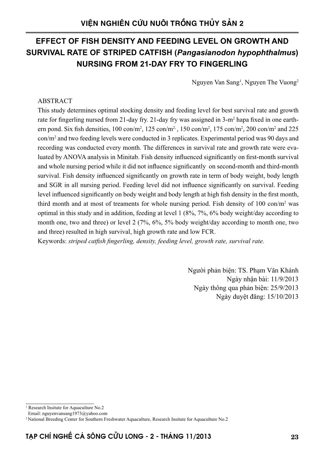 Effect of fish density and feeding level on growth and survival rate of striped catfish (Pangasianodon hypophthalmus) nursing from 21-day fry to fingerling trang 1