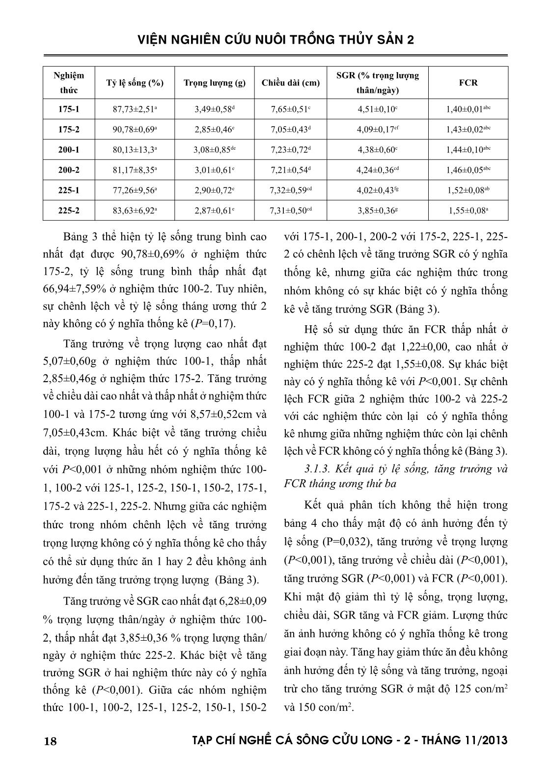 Ảnh hưởng của mật độ và lượng thức ăn lên tăng trưởng và tỷ lệ sống của cá tra (Pangasianodon hypophthalmus) ương từ cá hương 21 ngày tuổi lên cá giống trang 6