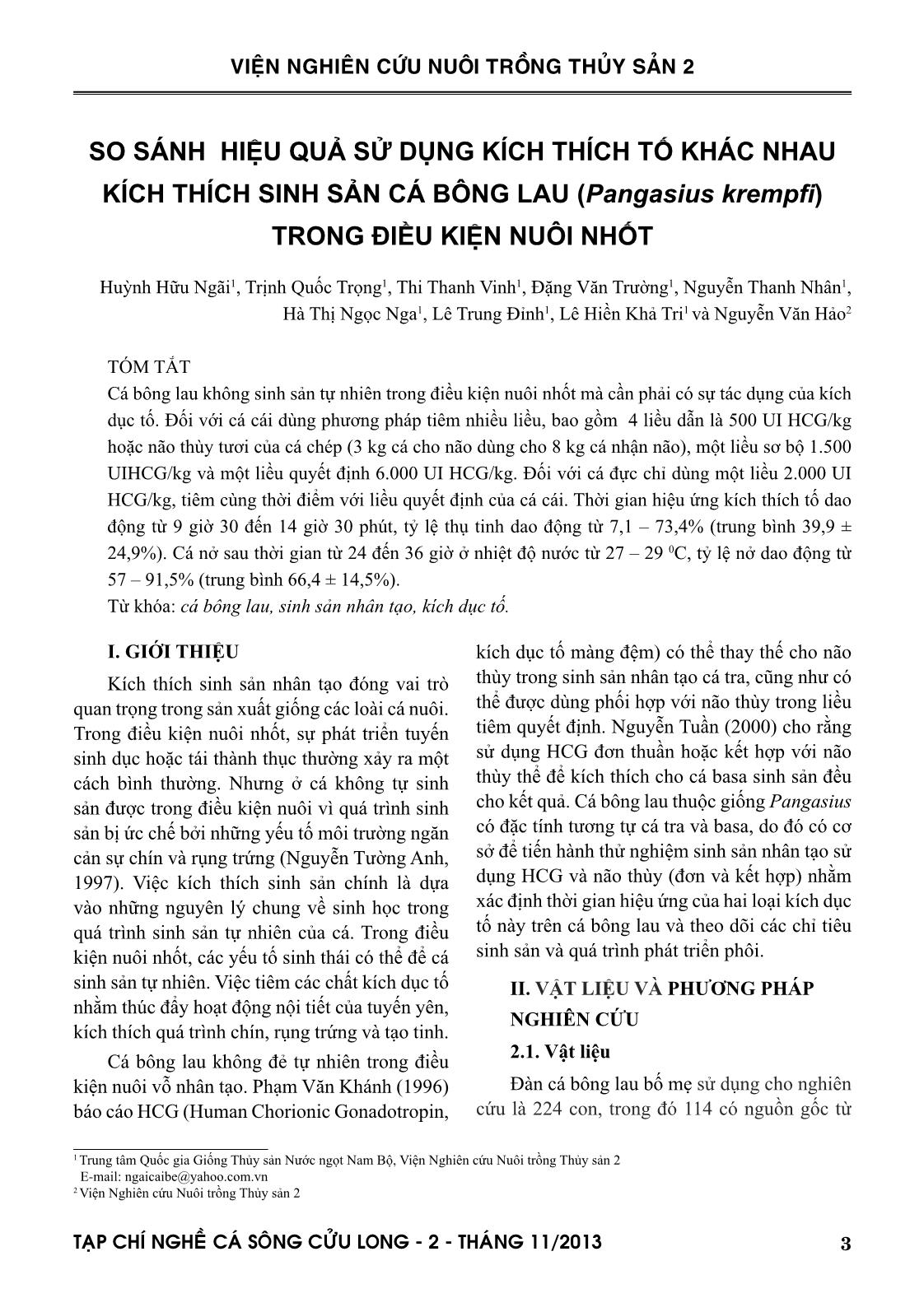 So sánh hiệu quả sử dụng kích thích tố khác nhau kích thích sinh sản cá bông lau (Pangasius krempfi) trong điều kiện nuôi nhốt trang 1