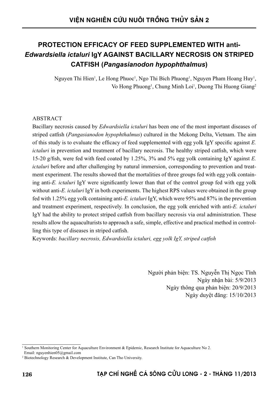Thử nghiệm hiệu quả bảo vệ của thức ăn bổ sung kháng thể kháng E. ictaluri đối với bệnh gan thận mủ trên cá tra Pangasianodon hypophthalmus trang 9