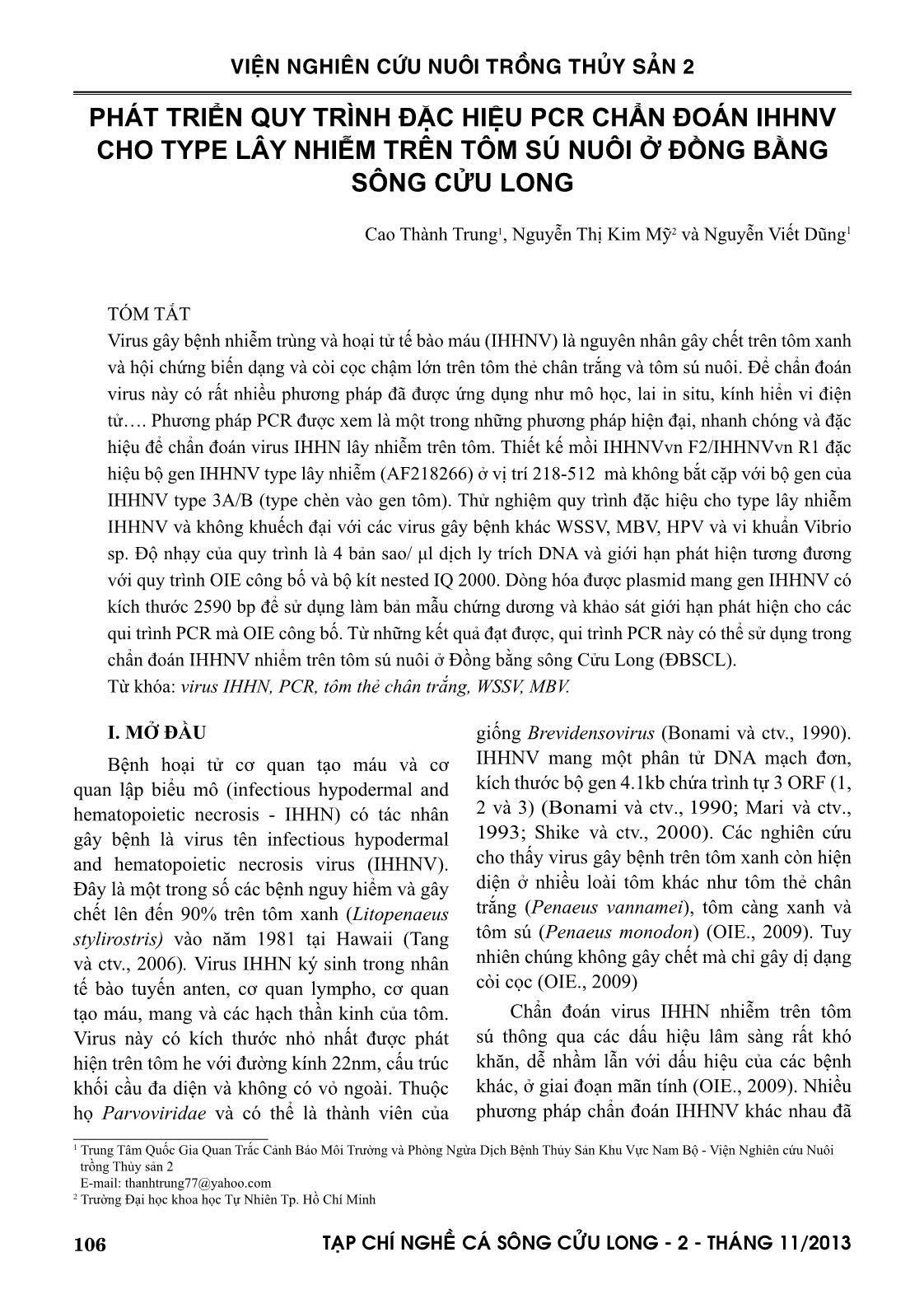 Phát triển quy trình đặc hiệu PCR chẩn đoán IHHNV cho type lây nhiễm trên tôm sú nuôi ở đồng bằng sông Cửu Long trang 1